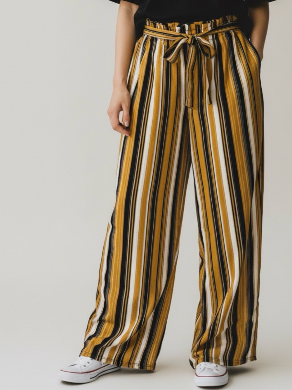 🫶🏻 Vintage Rainbow Wide-Leg Paperbag Waist Stripe Pants - Mustard/Black/White